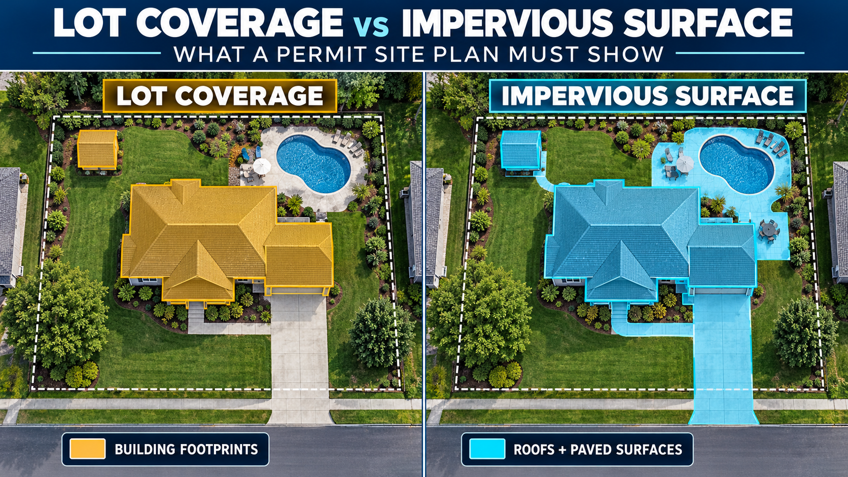 Lot coverage versus impervious surface comparison on a residential permit site plan