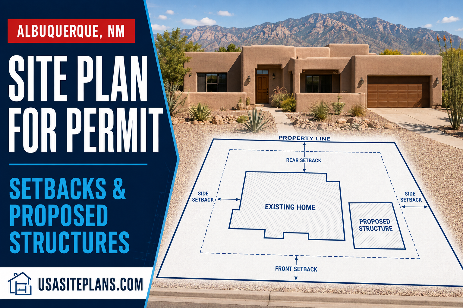 Site plan for permit in Albuquerque New Mexico showing setbacks and a proposed structure