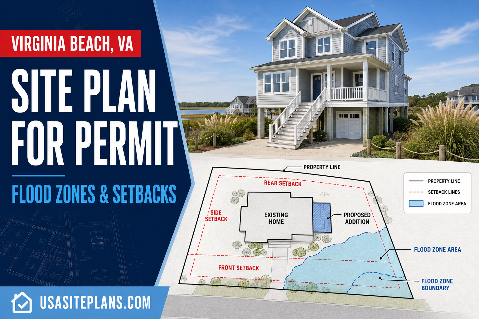 Site plan for permit in Virginia Beach Virginia showing flood-zone boundaries and building setbacks