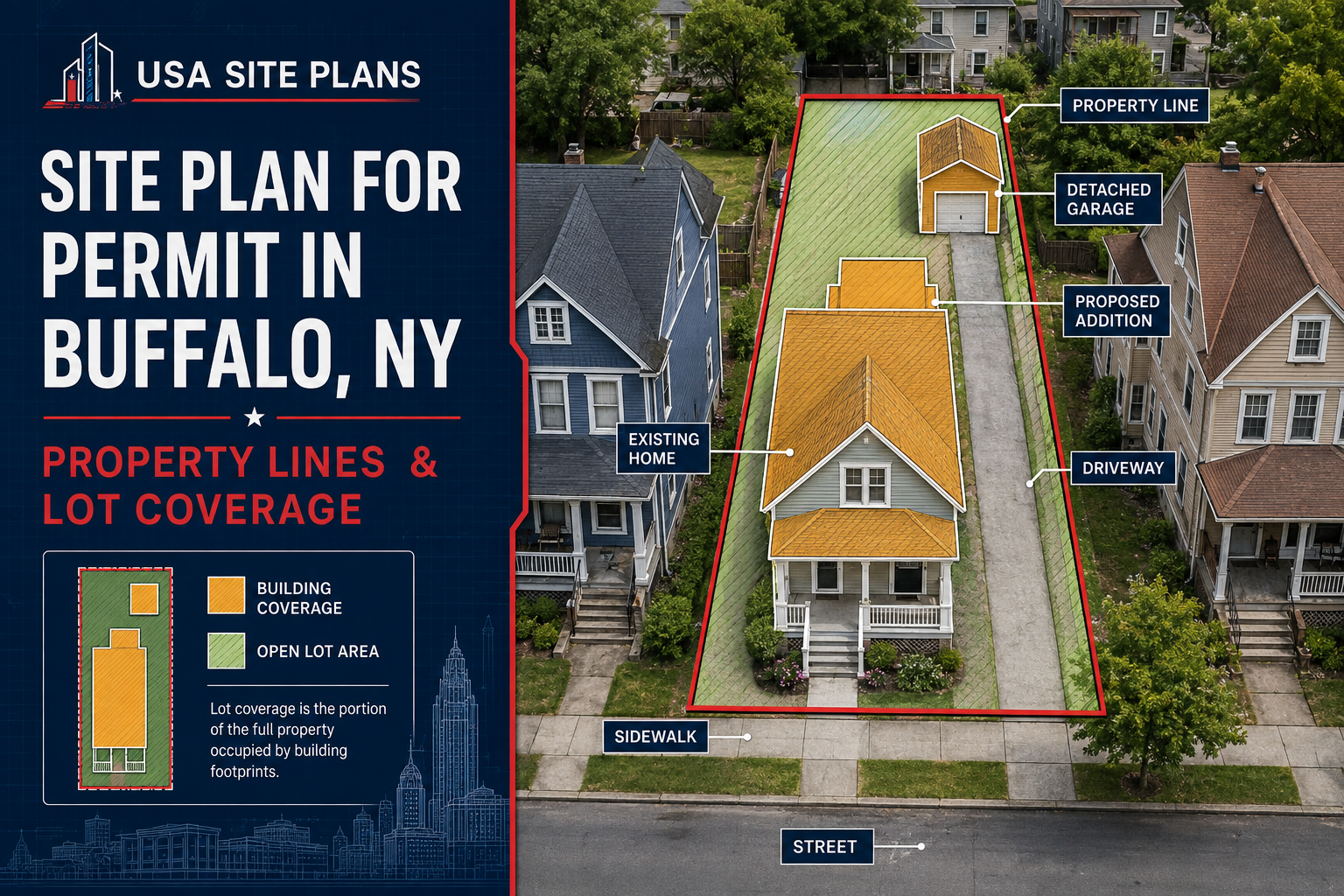 Site plan for permit in Buffalo, NY showing property lines, existing home, proposed addition, detached garage, driveway and lot coverage.